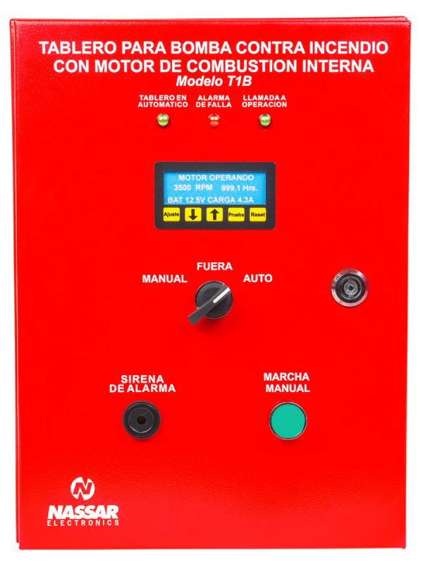 Tablero rojo para bomba contra incendio con motor de combustión interna, con pantalla, indicadores y mandos; marca Nassar Electronics original.