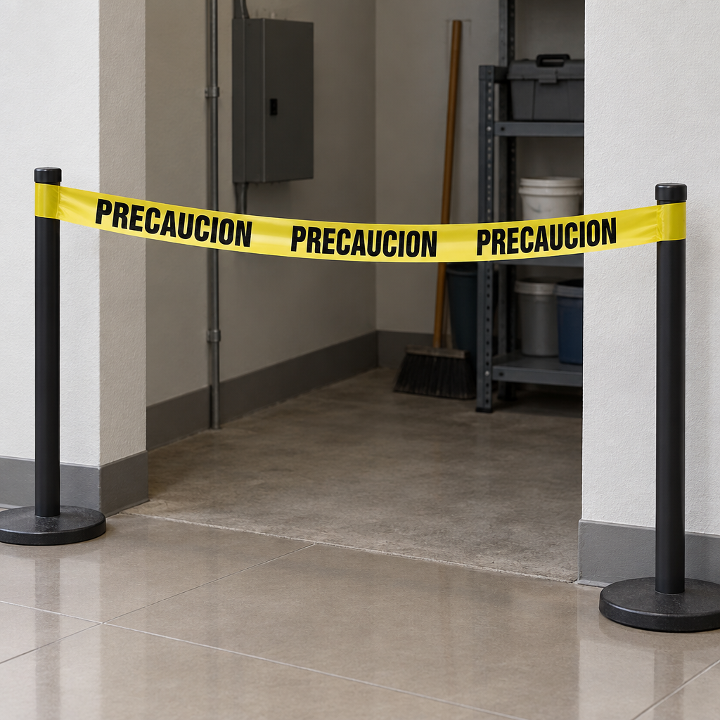 Ejemplo ilustrativo de instalación o uso de CINTA ”PRECAUCION” 305 m; elementos de contexto no incluidos.