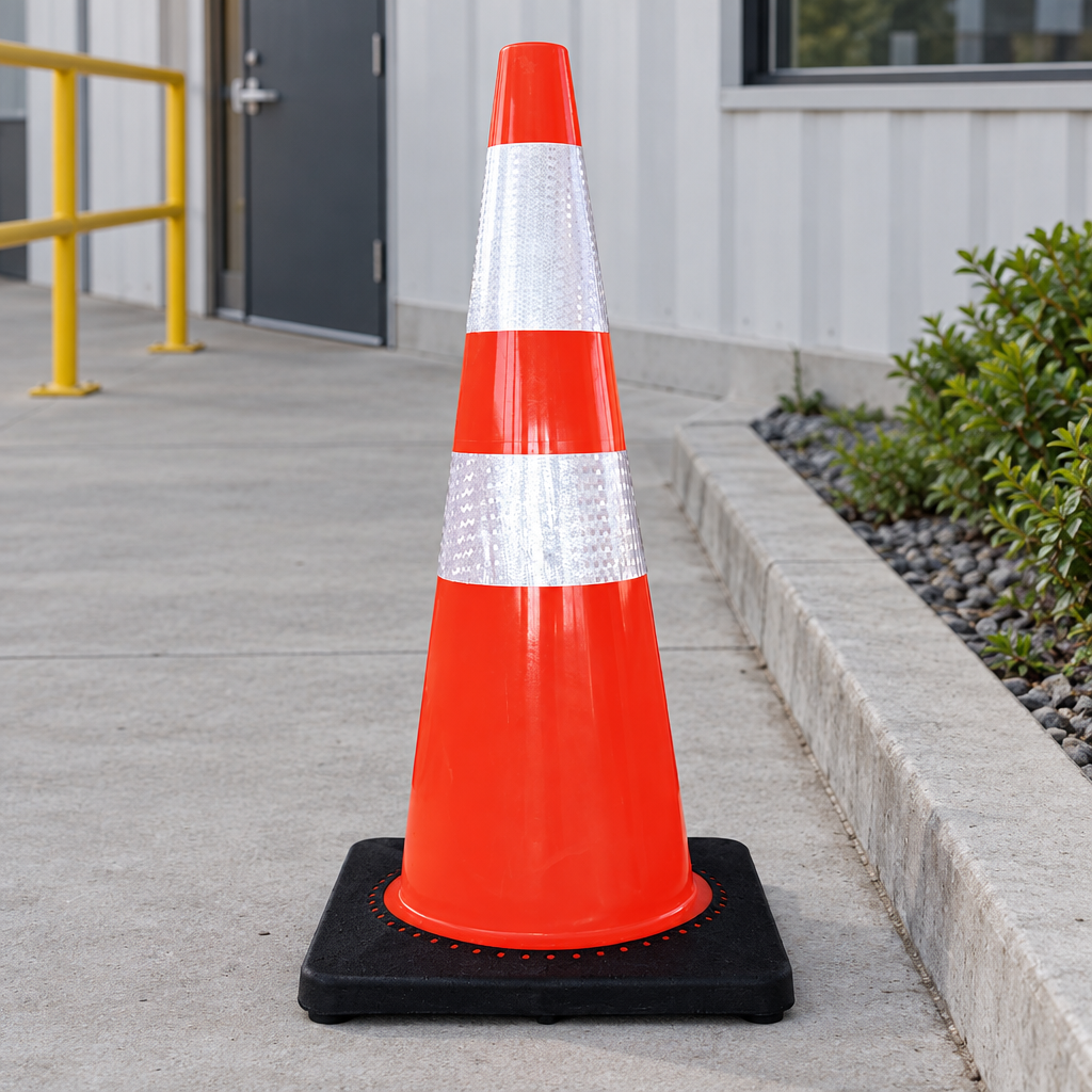 Ejemplo ilustrativo de instalación o uso de CONO NARANJA IMPORTADO DE 70 CM CON REFLEJANTE; elementos de contexto no incluidos.