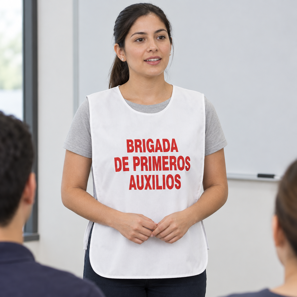 Ejemplo ilustrativo de instalación o uso de CASACA BRIGADA DE PRIMEROS AUXILIOS COLOR BLANCO; elementos de contexto no incluidos.