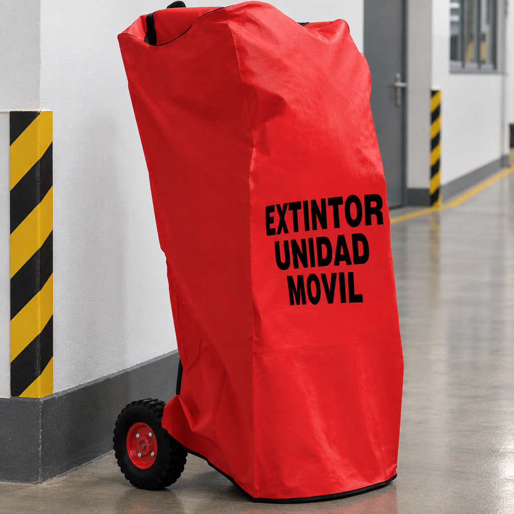 Ejemplo ilustrativo de instalación o uso de FUNDA PARA EXTINTOR MÓVIL ESTÁNDAR; elementos de contexto no incluidos.