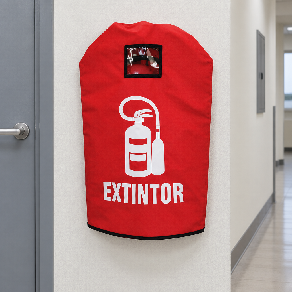 Ejemplo ilustrativo de instalación o uso de FUNDA CUBRE EXTINTOR CO2 5 A 10 LB; elementos de contexto no incluidos.