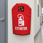 Ejemplo ilustrativo de instalación o uso de FUNDA CUBRE EXTINTOR CO2 5 A 10 LB; elementos de contexto no incluidos.