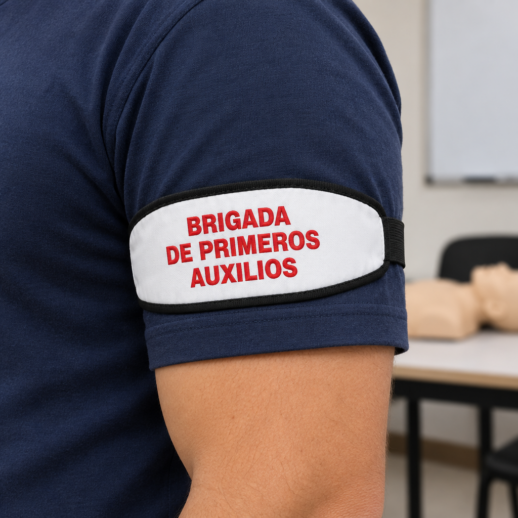 Ejemplo ilustrativo de instalación o uso de BRAZALETE BRIGADA DE PRIMEROS AUXILIOS COLOR BLANCO; elementos de contexto no incluidos.