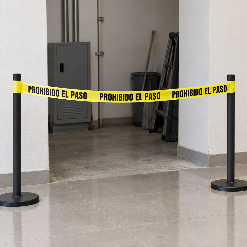 Ejemplo ilustrativo de instalación o uso de CINTA PROHIBIDO EL PASO DE 3″ X 305 M; elementos de contexto no incluidos.