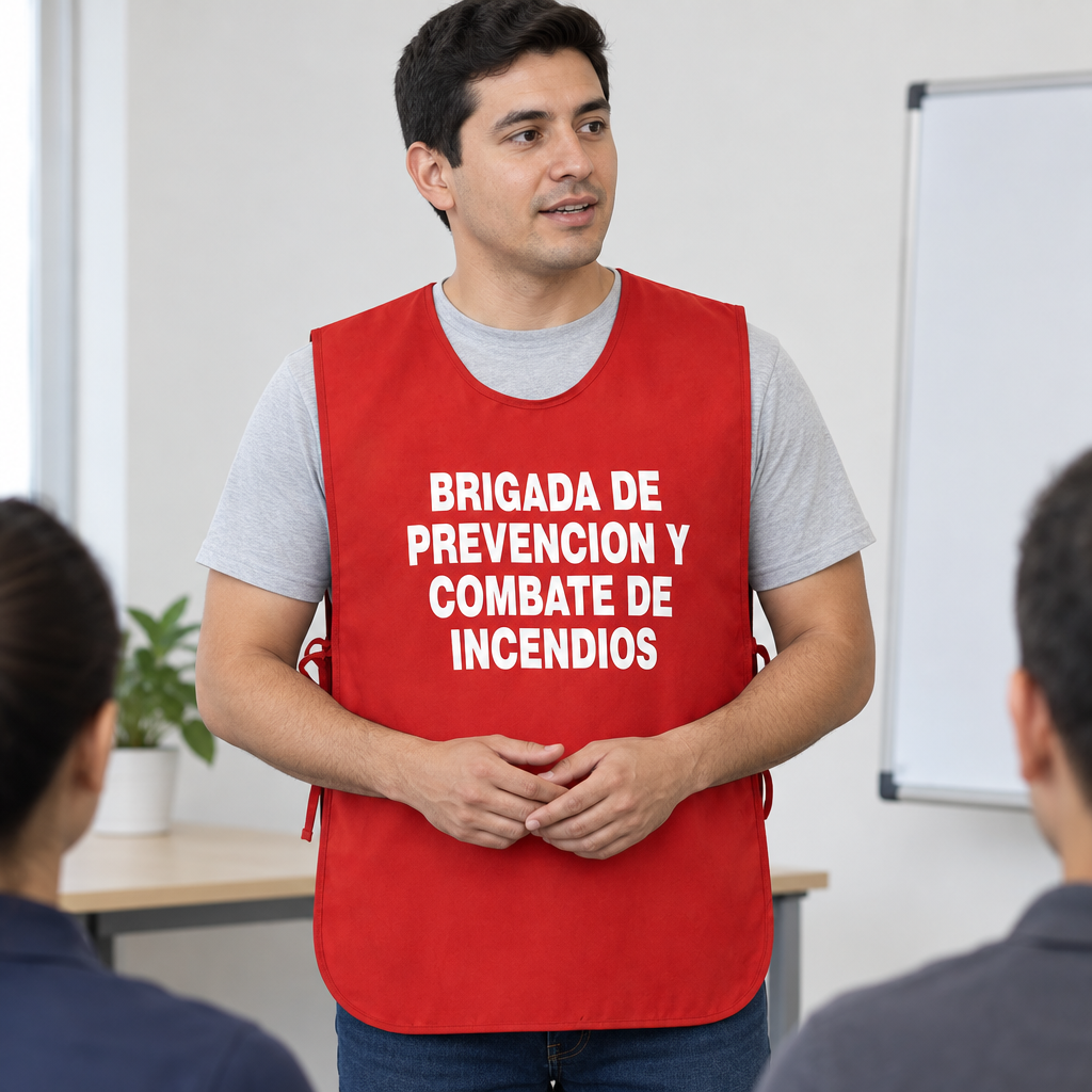 Ejemplo ilustrativo de instalación o uso de CASACA BRIGADA CONTRA INCENDIOS COLOR ROJO; elementos de contexto no incluidos.