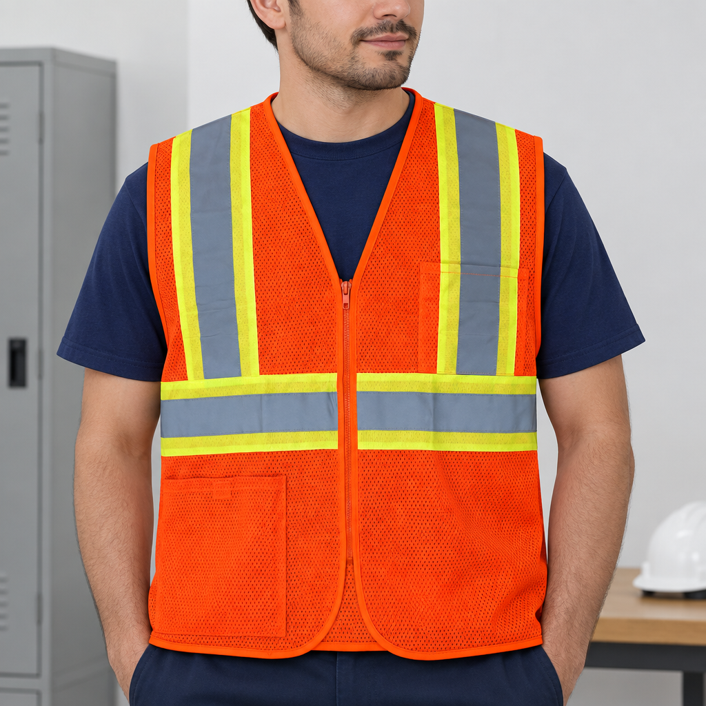 Ejemplo ilustrativo de instalación o uso de CHALECO DE MALLA POLIESTER TEJIDO NARANJA (RS008); elementos de contexto no incluidos.