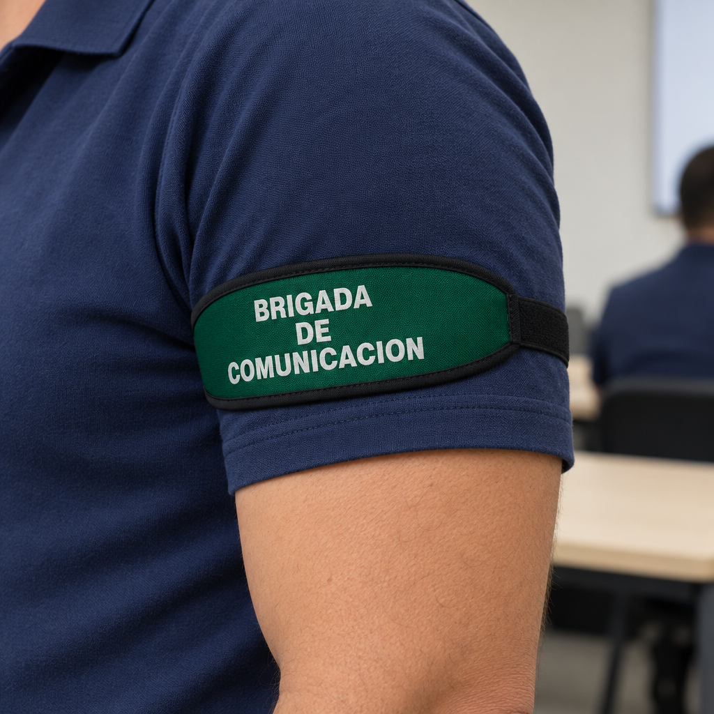 Ejemplo ilustrativo de instalación o uso de BRAZALETE BRIGADA DE COMUNICACIÓN COLOR VERDE; elementos de contexto no incluidos.