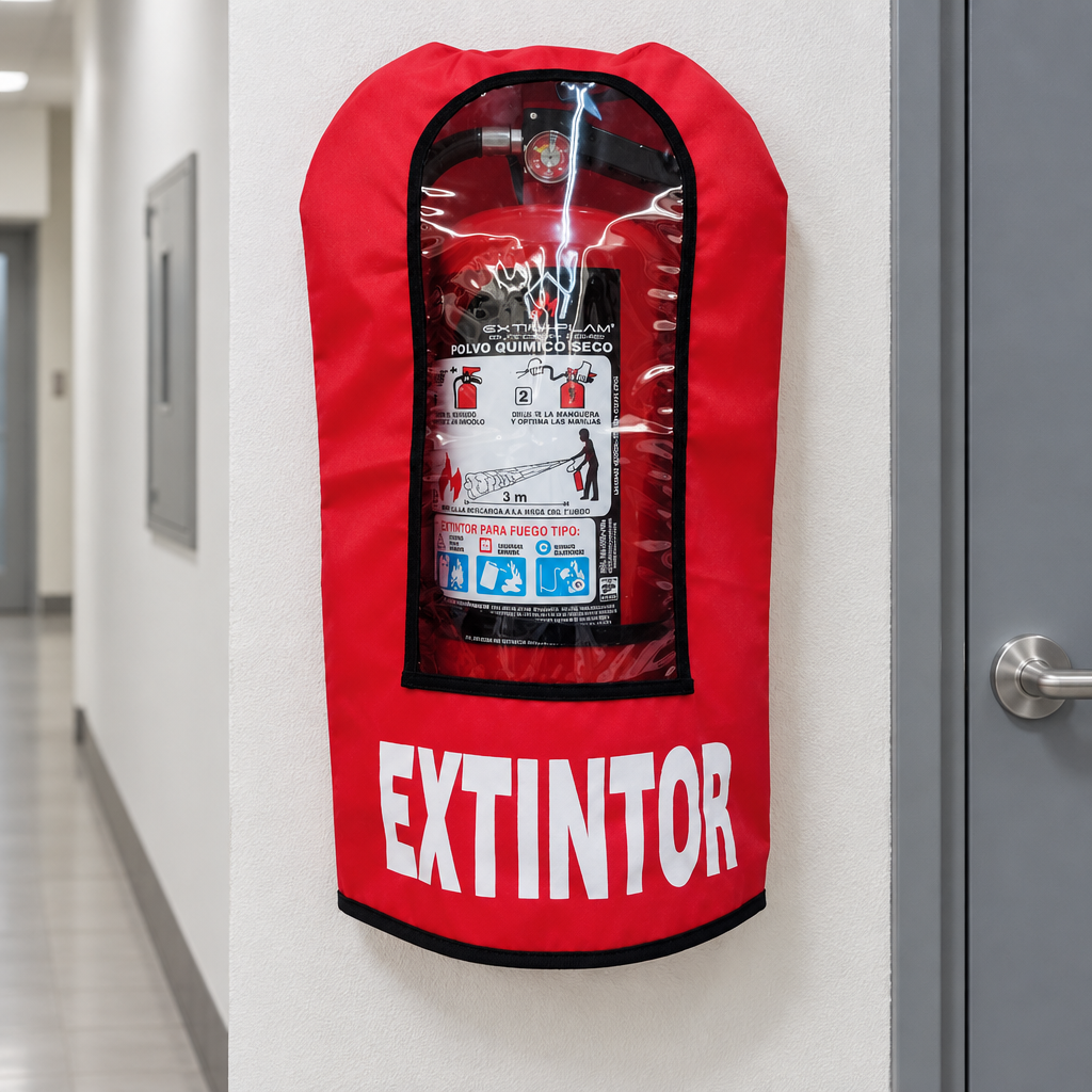 Ejemplo ilustrativo de instalación o uso de FUNDA CUBRE EXTINTOR VENTANA GRANDE; elementos de contexto no incluidos.