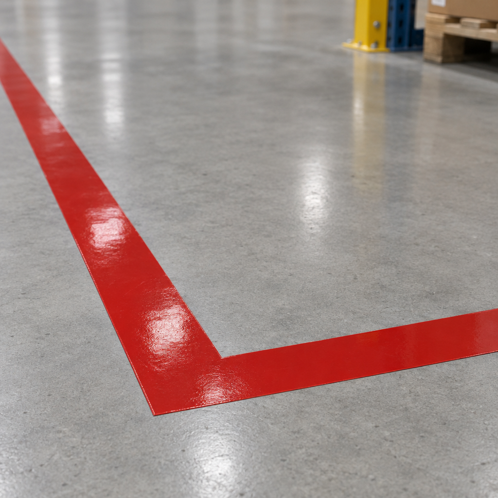 Ejemplo ilustrativo de instalación o uso de CINTA DE VINIL ROJA PARA PISOS DE 33 M; elementos de contexto no incluidos.