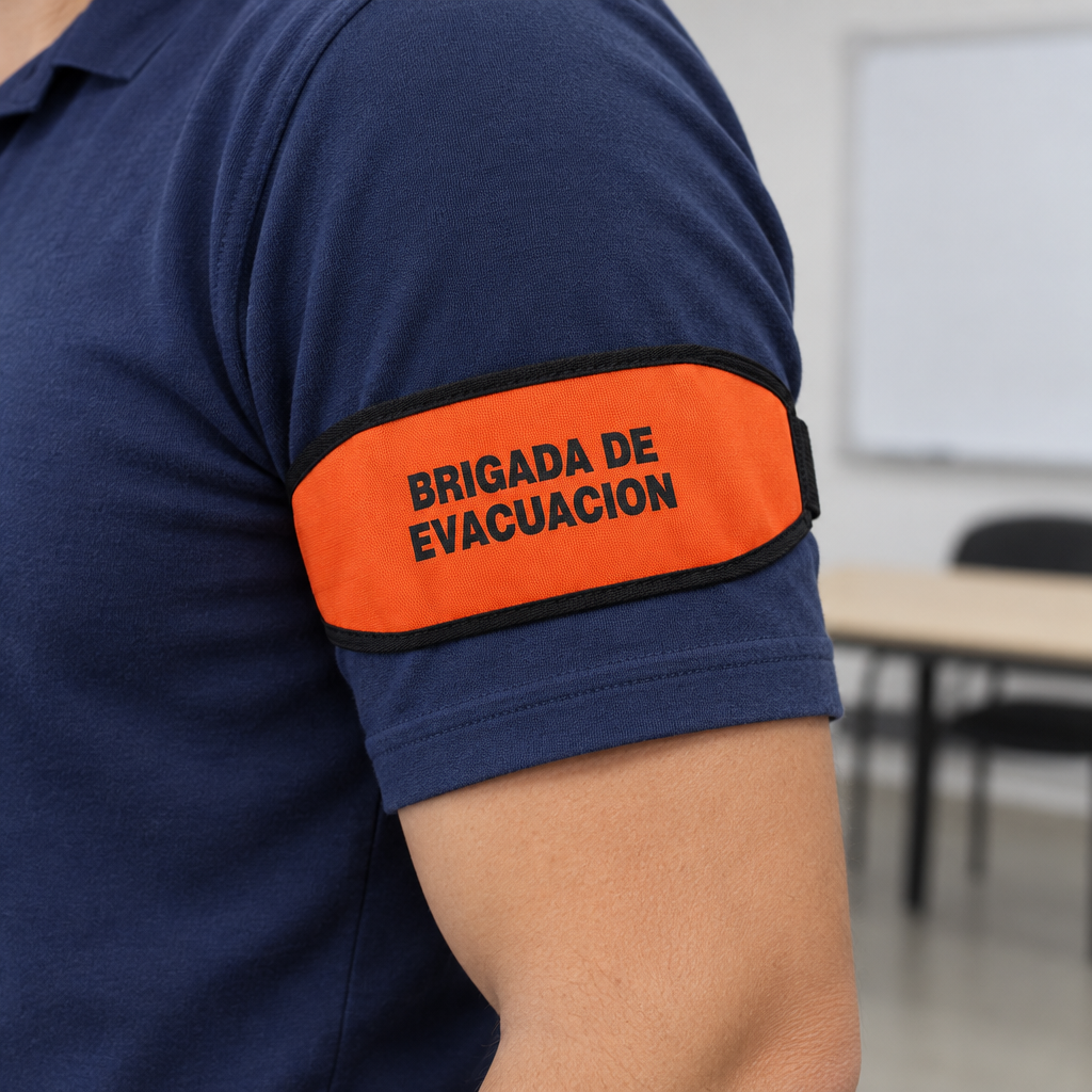 Ejemplo ilustrativo de instalación o uso de BRAZALETE BRIGADA DE EVACUACION COLOR NARANJA; elementos de contexto no incluidos.