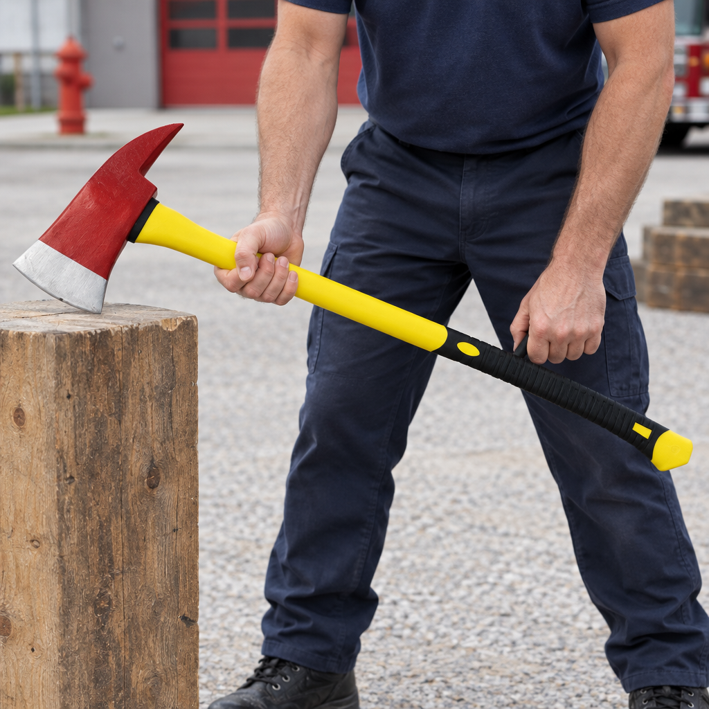 Ejemplo ilustrativo del hacha A623 sostenida durante una práctica controlada sobre un bloque de madera.