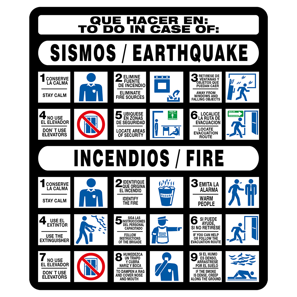 Señal Sismo incendio español/inglés — imagen original del proveedor