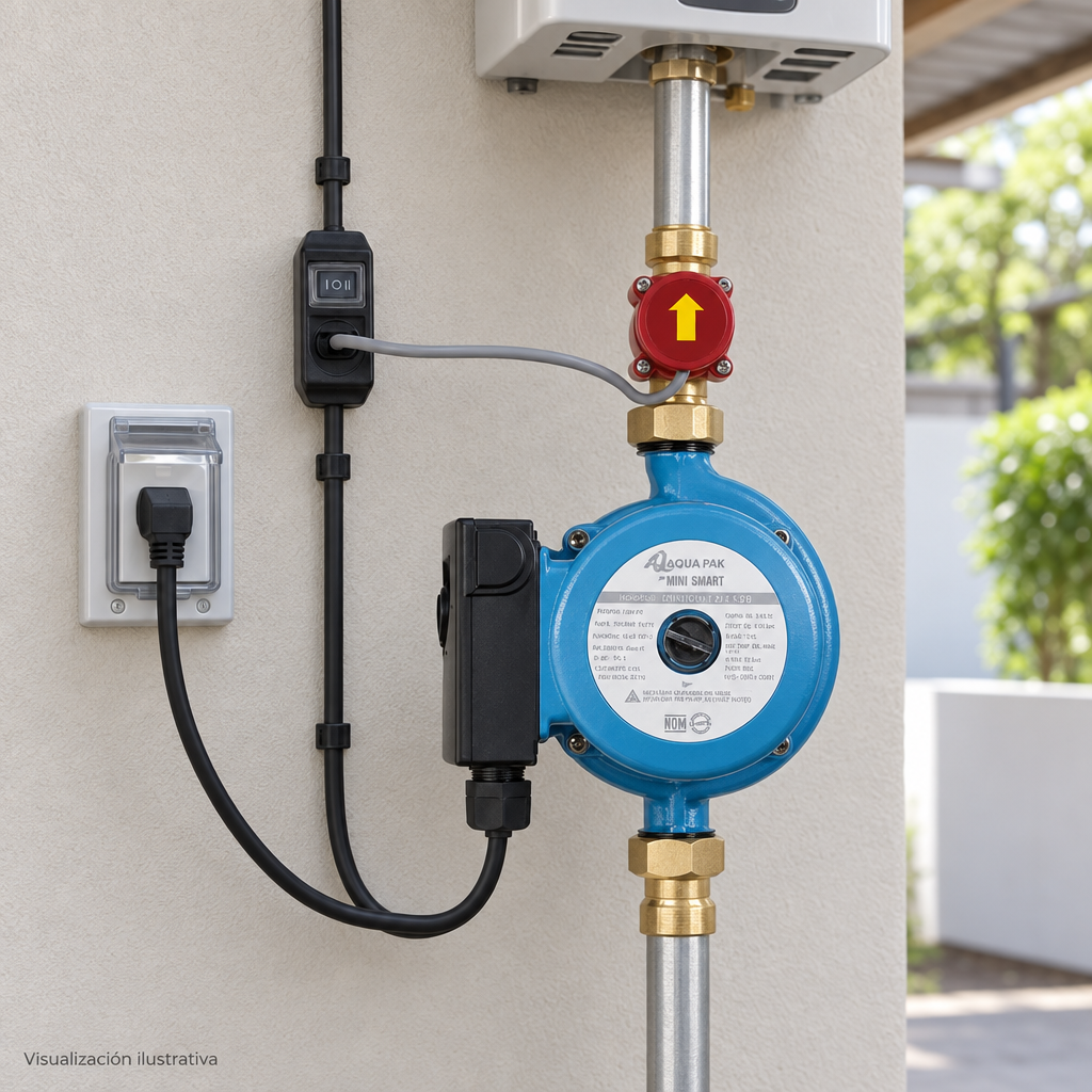Visualización ilustrativa: presurizador AQUA PAK MINI60-12/1127 instalado con su sensor de flujo externo antes del calentador.