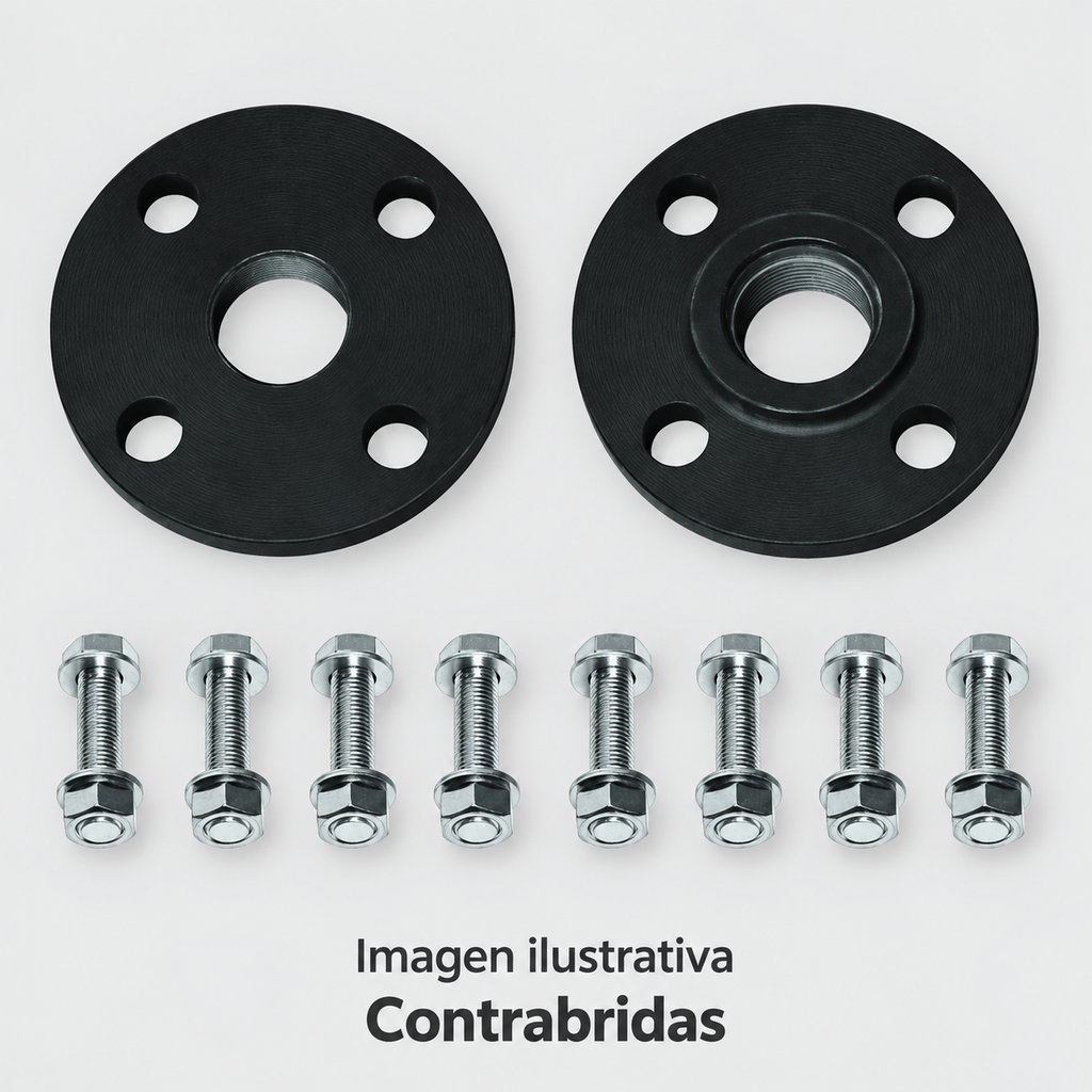 Imagen ilustrativa complementaria de contrabridas ALTAMIRA con la tornillería mostrada por el proveedor, aisladas en estudio. Consultar medidas y contenido del modelo.