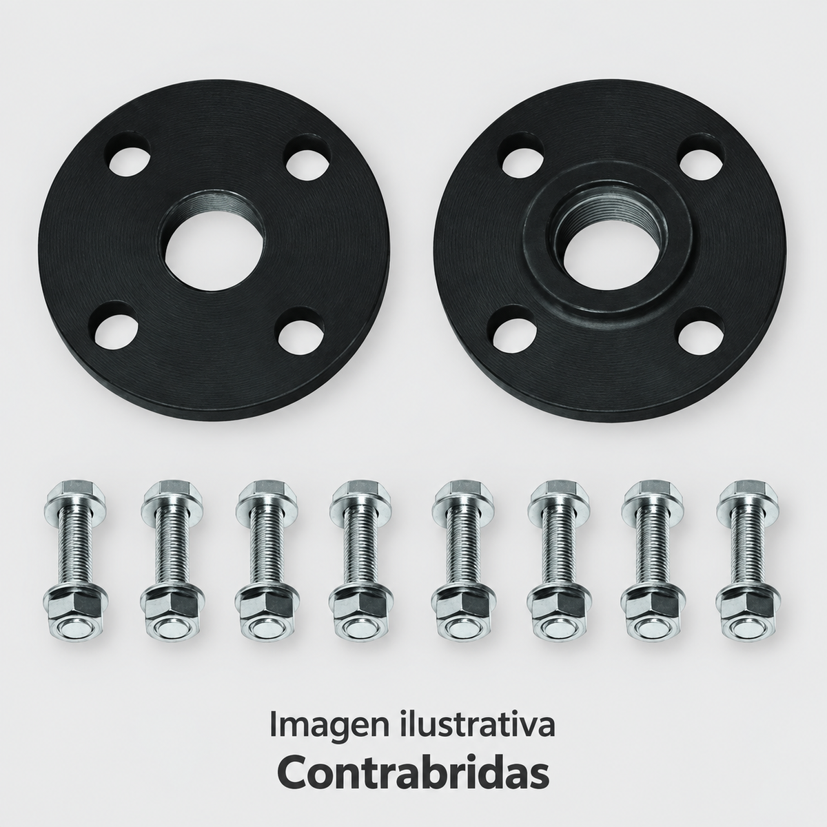 Imagen ilustrativa complementaria de contrabridas ALTAMIRA con la tornillería mostrada por el proveedor, aisladas en estudio. Consultar medidas y contenido del modelo.