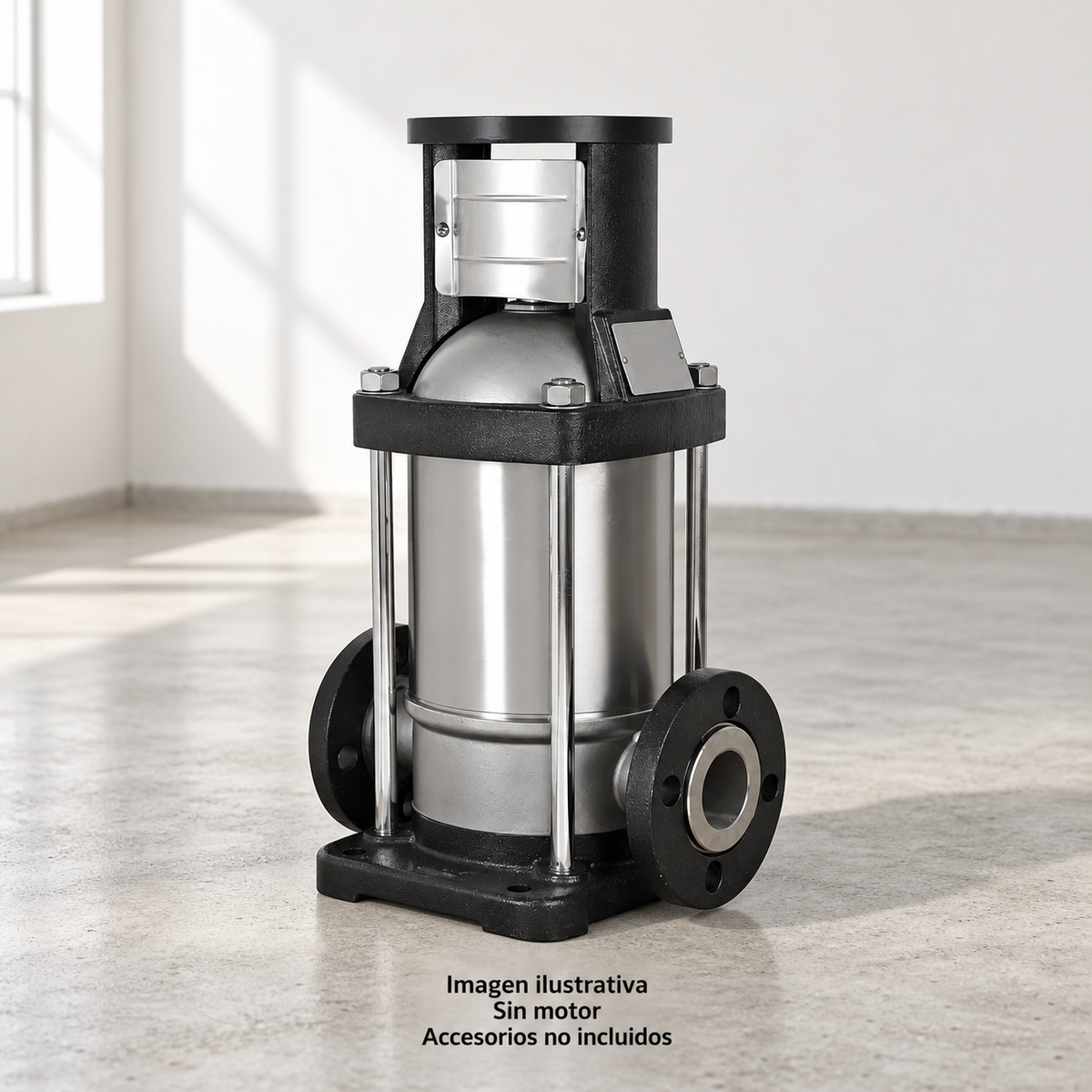 Imagen ilustrativa de cuerpo de bomba vertical ALTAMIRA sin motor, colocado solo y sin conectar en un espacio seco. Accesorios no incluidos. No representa una instalación funcional.
