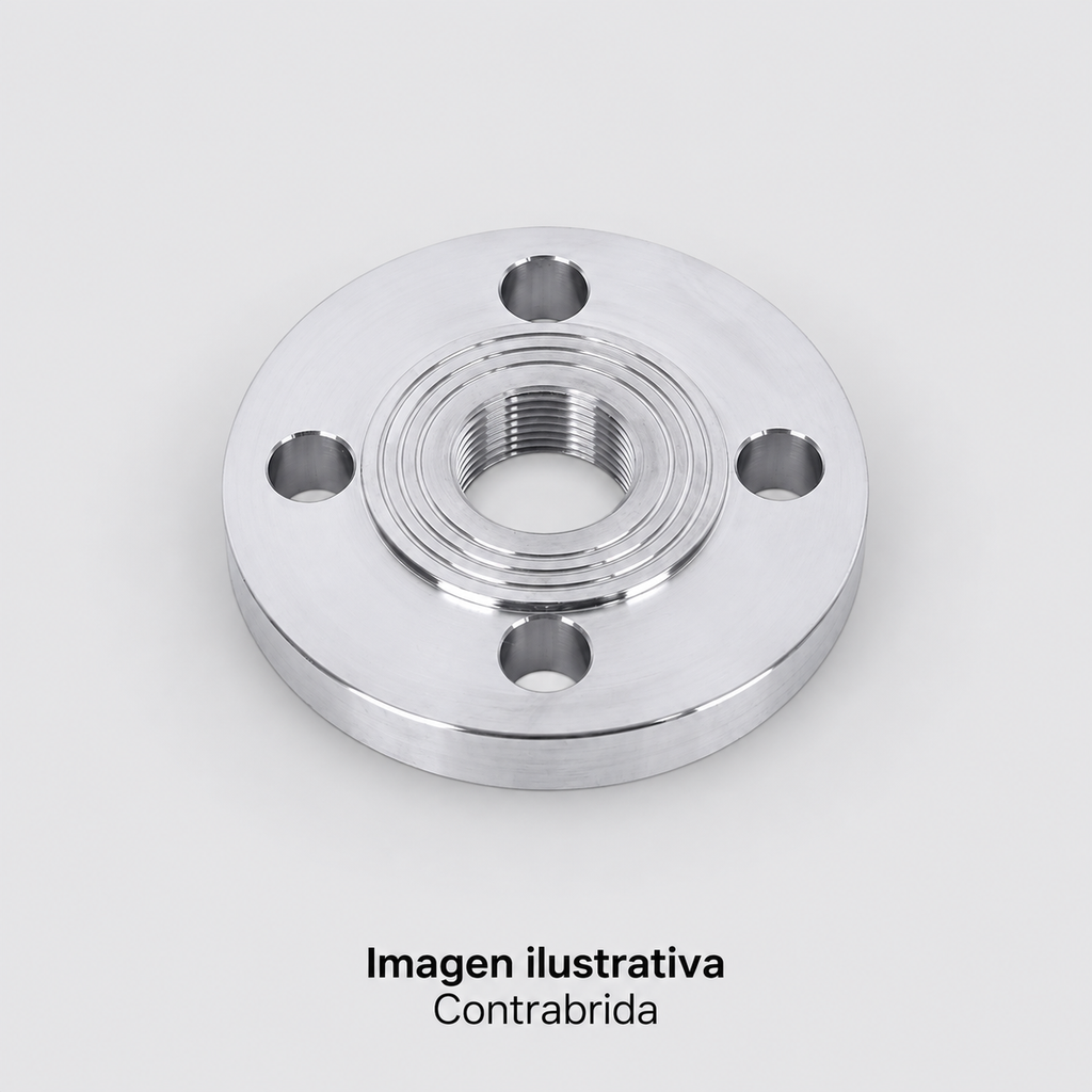 Imagen ilustrativa complementaria de contrabrida ALTAMIRA aislada, con detalle de su cara mecanizada y rosca central. Consultar medidas del modelo.