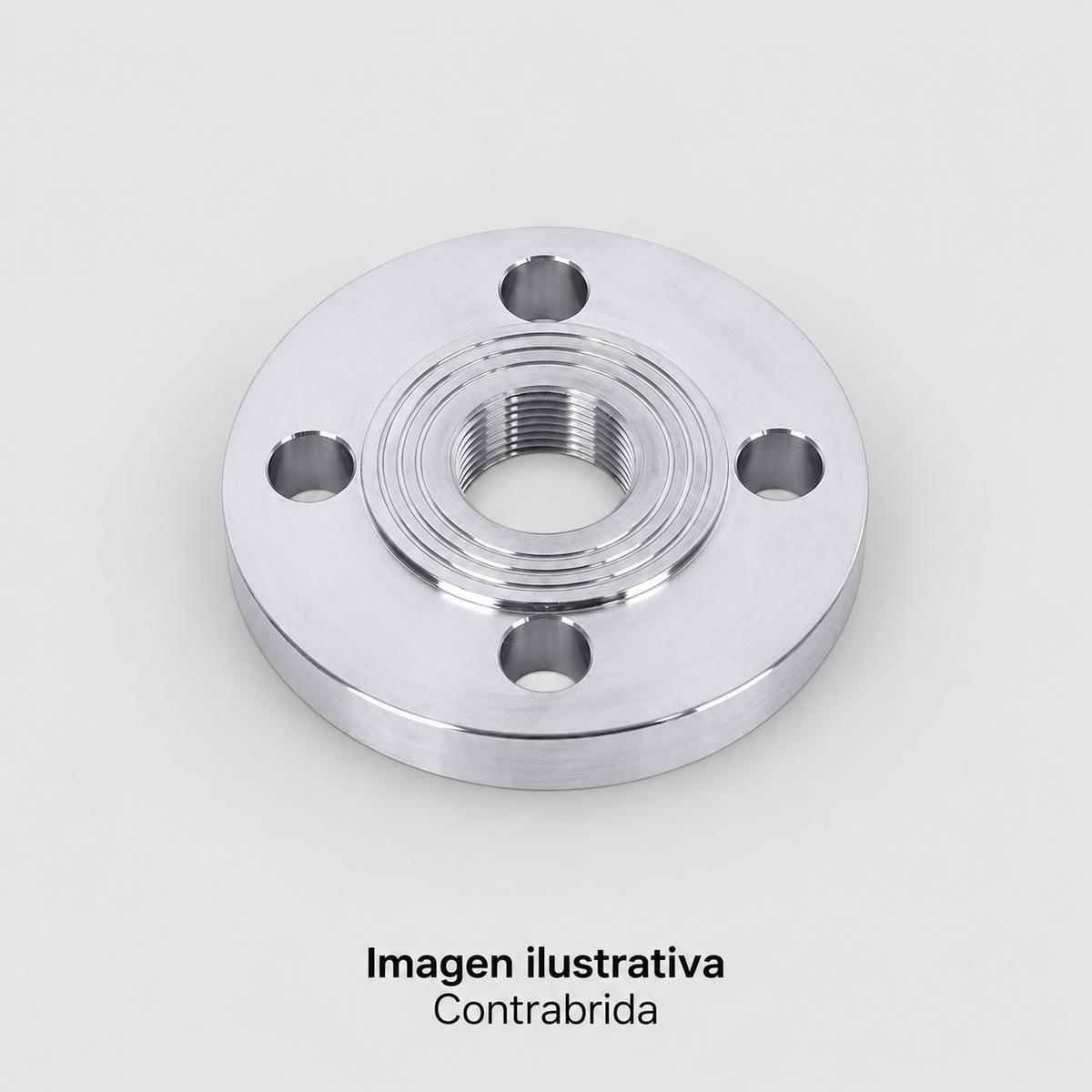 Imagen ilustrativa complementaria de contrabrida ALTAMIRA aislada, con detalle de su cara mecanizada y rosca central. Consultar medidas del modelo.
