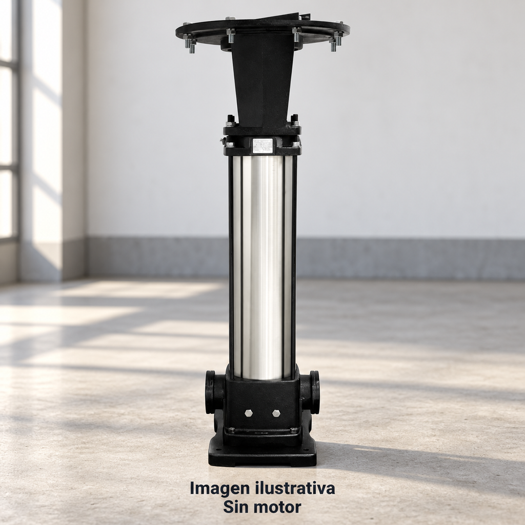 Imagen ilustrativa de bomba vertical ALTAMIRA sin motor, colocada en un espacio seco y sin conectar. No representa una instalación funcional.
