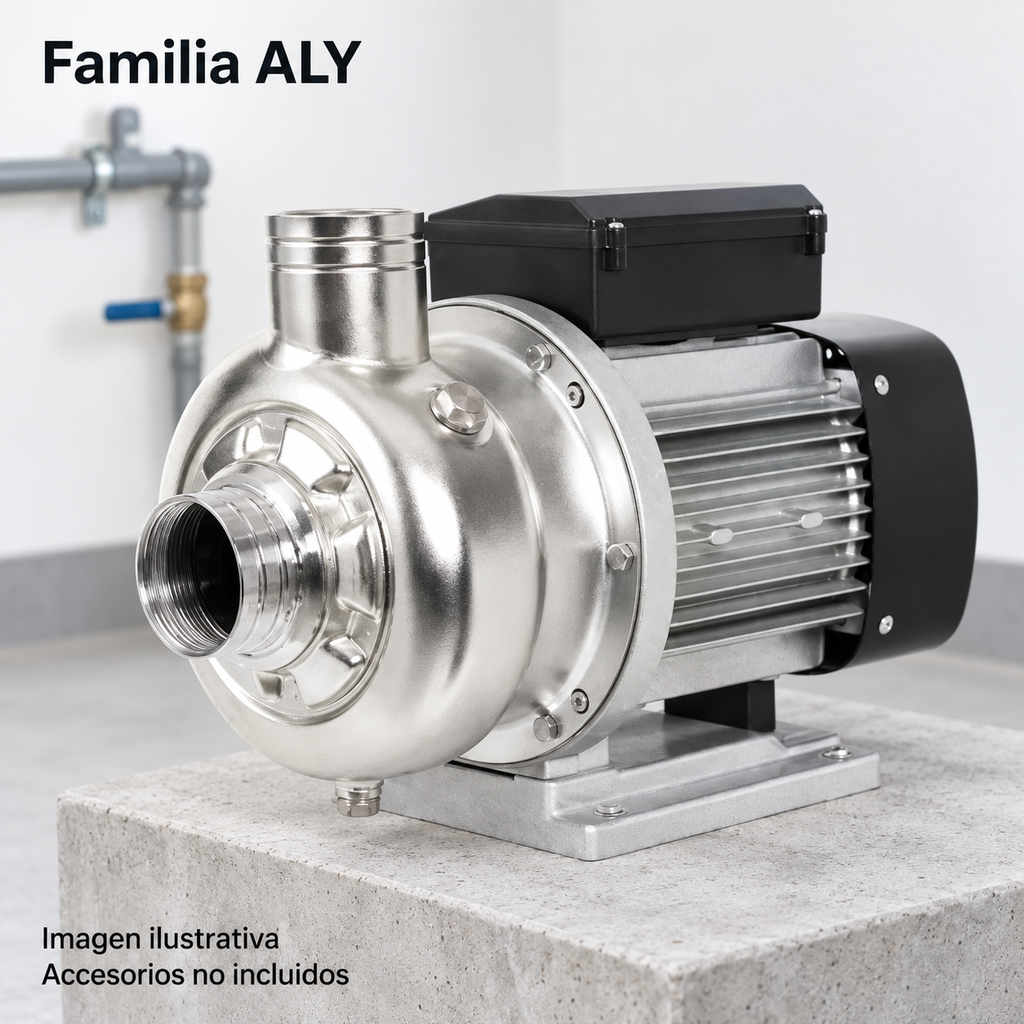 Imagen ilustrativa generada de la familia ALY; ejemplo de ubicación en cuarto de equipos, accesorios no incluidos; no es un diagrama de conexión.