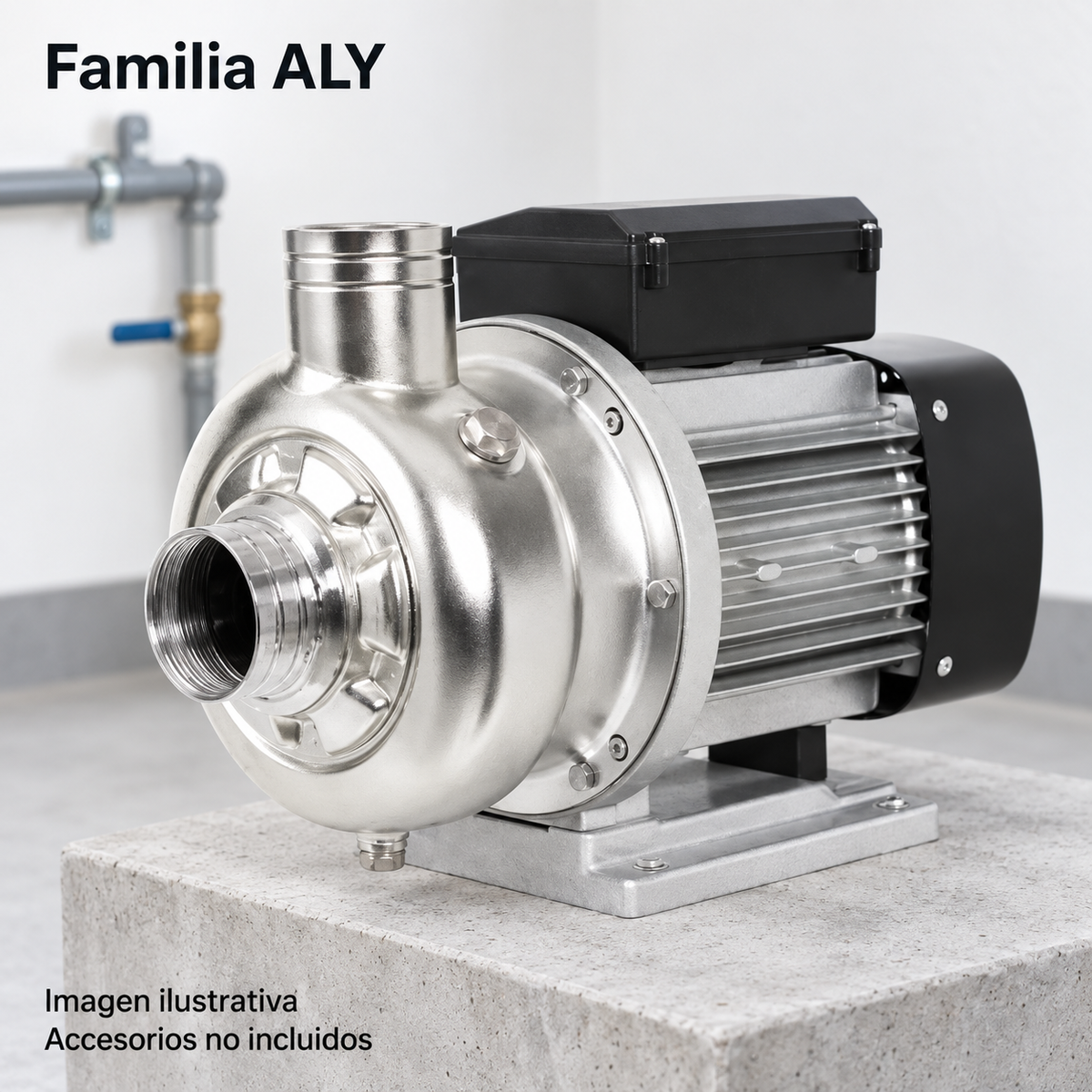 Imagen ilustrativa generada de la familia ALY; ejemplo de ubicación en cuarto de equipos, accesorios no incluidos; no es un diagrama de conexión.