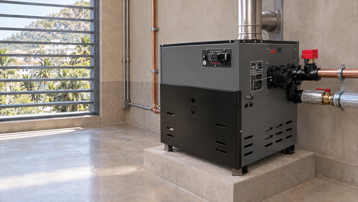 Aplicación ilustrativa · Calentador MiniMasster instalado en área de servicio. Imagen generada con IA; la instalación se define según el modelo.