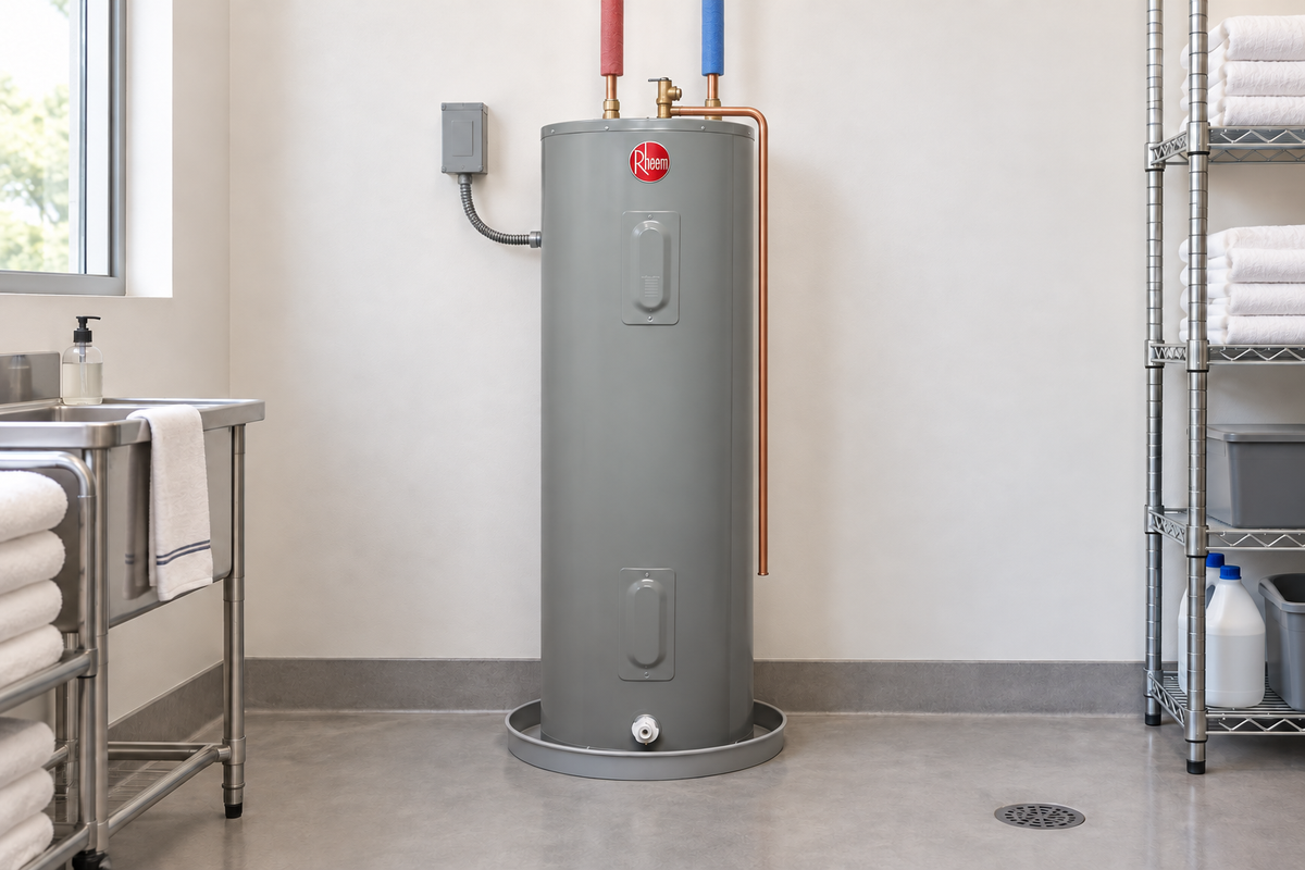 Aplicación ilustrativa de esta familia de calentadores eléctricos de depósito; capacidad, dimensiones y alimentación según la ficha del SKU.