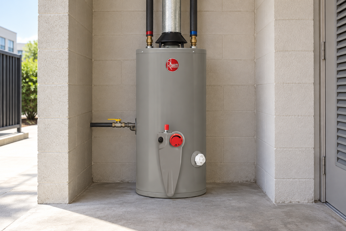 Aplicación ilustrativa de un calentador de depósito Rheem a gas en un área de servicio ventilada. Capacidad y combustible según la ficha del SKU.