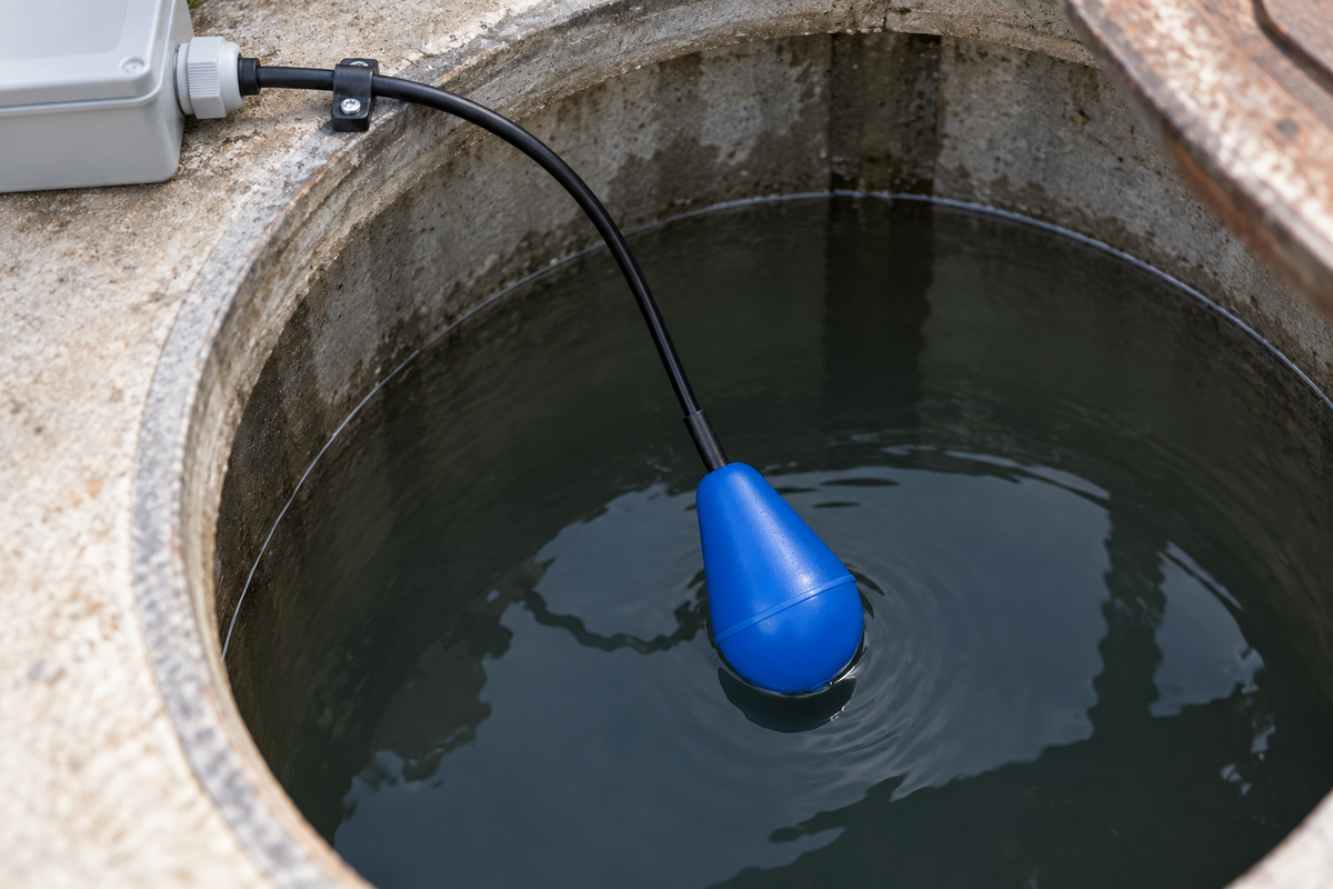 Aplicación ilustrativa del interruptor de nivel Aquex AQTF-5 para aguas negras.