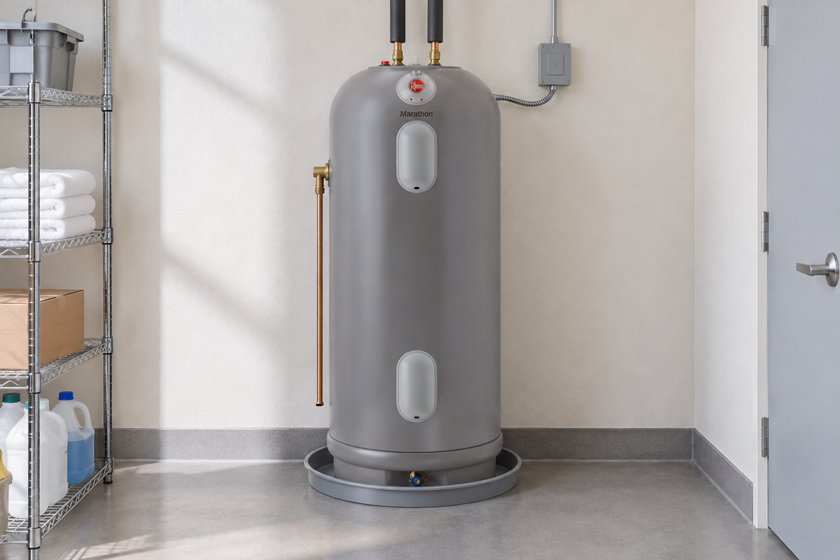 Aplicación ilustrativa de un calentador eléctrico de depósito en un cuarto de servicio. La instalación se define con su manual.