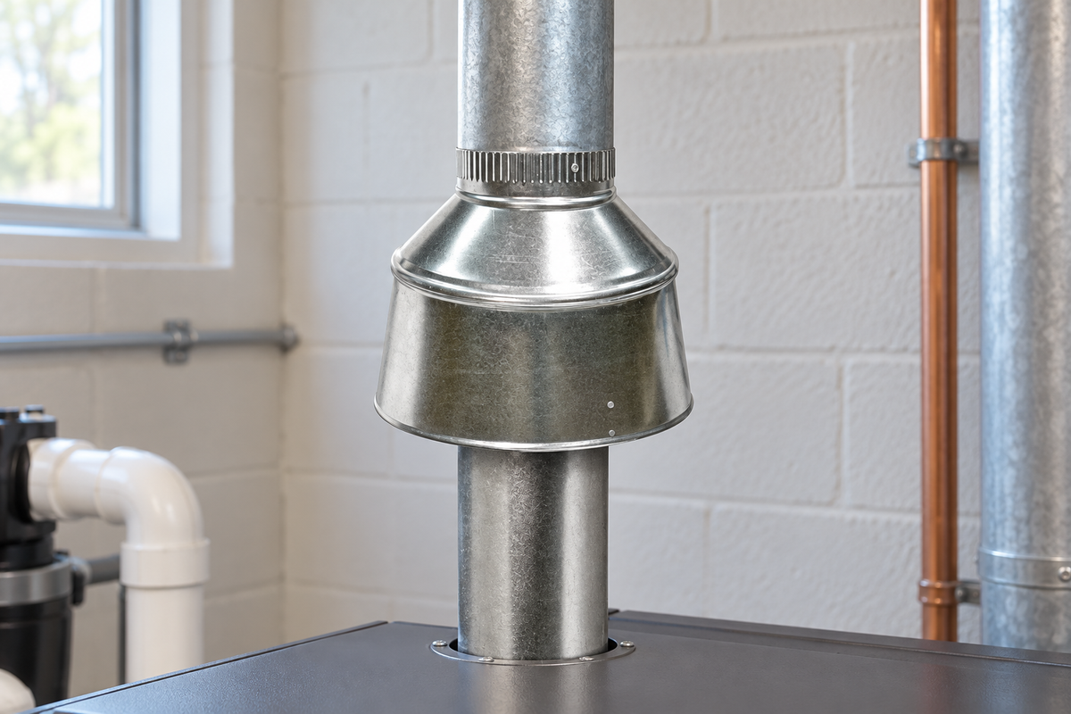 Aplicación ilustrativa de una chimenea para calentador de piscina. El diámetro y el modelo compatible corresponden al SKU de esta ficha.