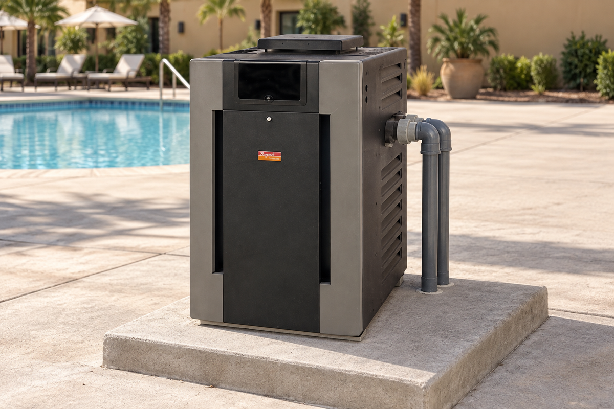 Aplicación ilustrativa: calentador digital Raypak para piscina instalado al aire libre.