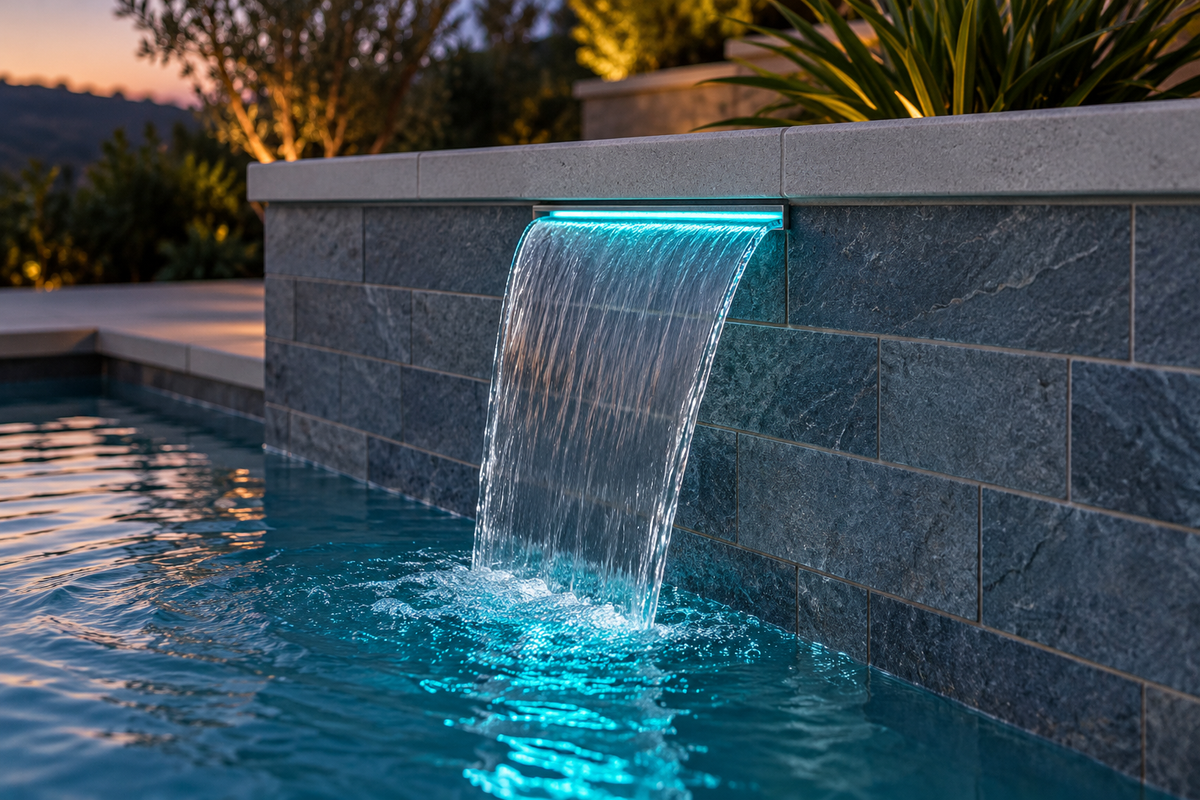 Aplicación ilustrativa — CASCADA AQUEX 30 CM, LABIO DE 1", CONEX 1.5", CON LED 4W, 0.30 M CABLE