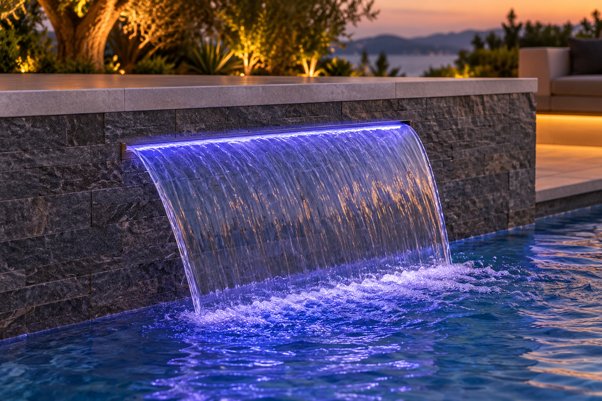 Aplicación ilustrativa — CASCADA AQUEX 90 CM, LABIO DE 1", CONEX 1.5", CON LED 12W, 0.90 M CABLE