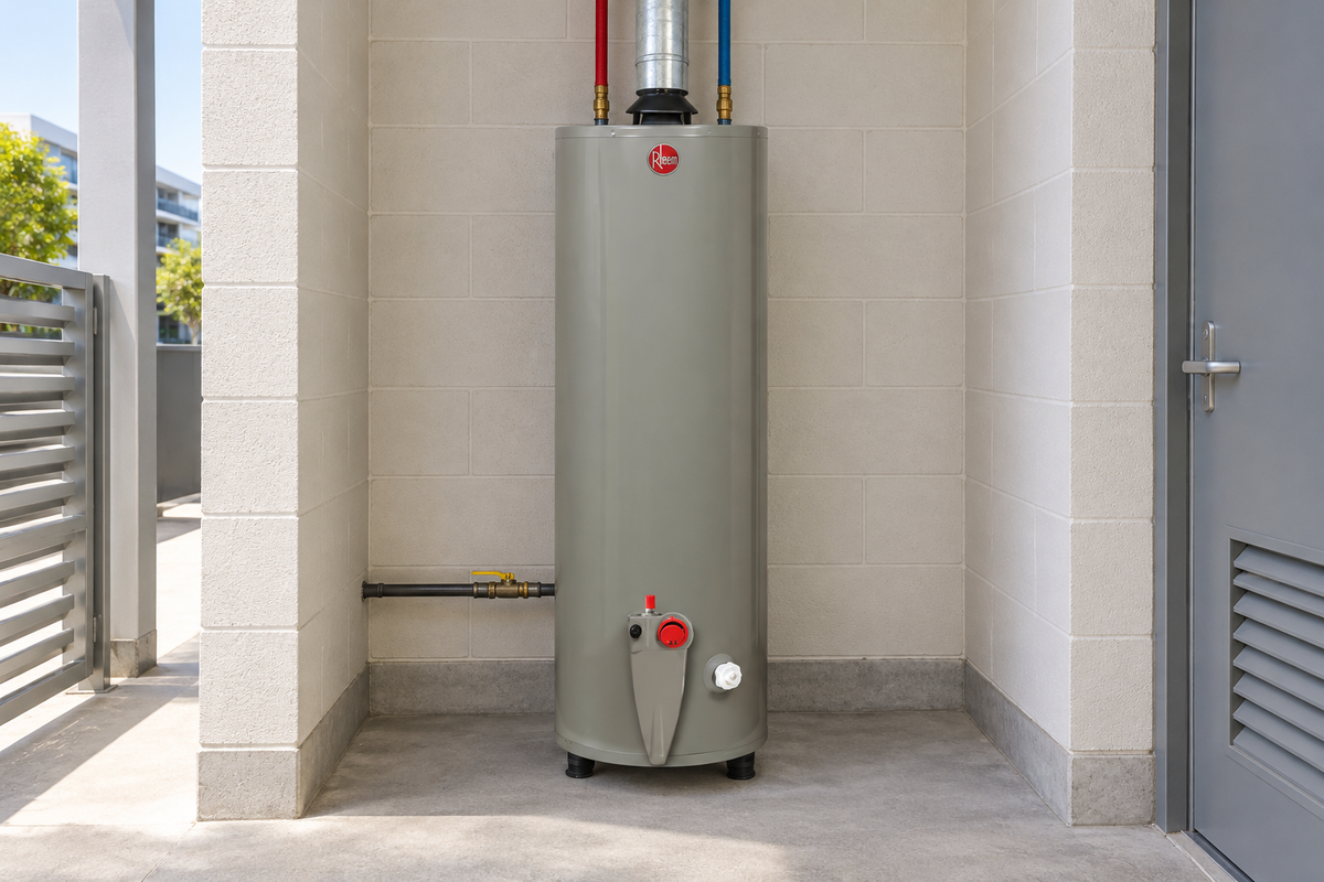 Aplicación ilustrativa de un calentador de depósito Rheem a gas en un área de servicio ventilada. Capacidad y combustible según la ficha del SKU.