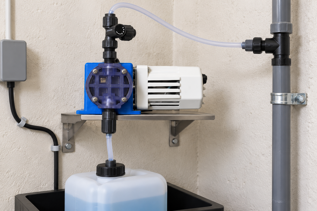 Aplicación ilustrativa: Aplicación ilustrativa de dosificación con una bomba de la familia Chem-Tech. El caudal y los materiales corresponden al SKU seleccionado; el depósito y los accesorios de instalación son de referencia.