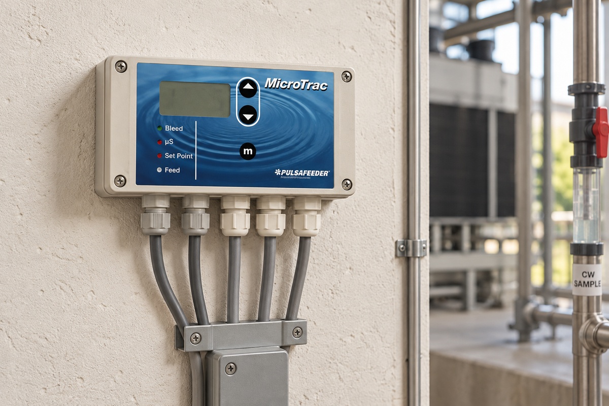 Aplicación ilustrativa: Aplicación ilustrativa del controlador MicroTrac en un sistema de tratamiento de agua para torre de enfriamiento. Los sensores, tuberías y accesorios del entorno se definen según el proyecto.