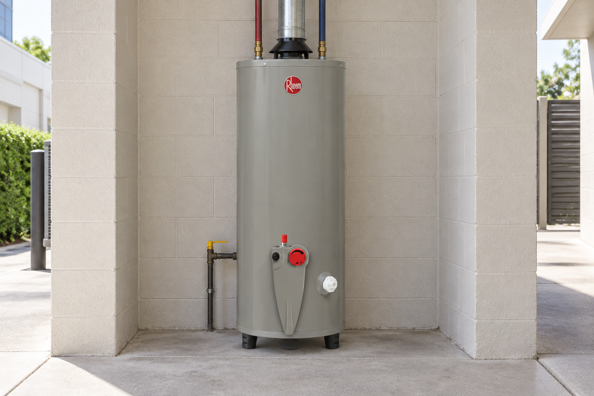 Aplicación ilustrativa de un calentador de depósito Rheem a gas en un área de servicio ventilada. Capacidad y combustible según la ficha del SKU.