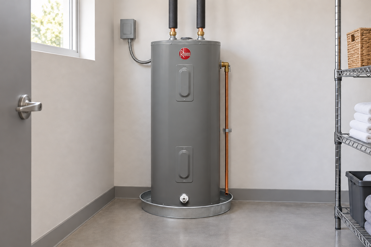 Aplicación ilustrativa de un calentador eléctrico de depósito en un cuarto de servicio. La instalación se define con su manual.
