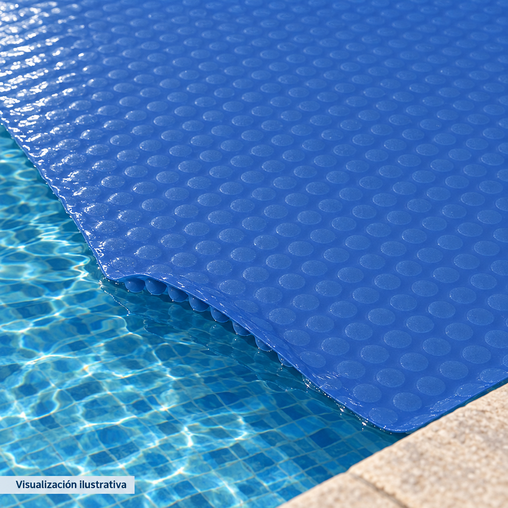 Visualización ilustrativa. Detalle de una sección de la cubierta solar azul CSK-2.9X1-BAP-4 colocada sobre el agua, con cara lisa arriba y burbujas abajo. La fotografía muestra sólo un detalle de aplicación. No representa las dimensiones completas ni la cobertura de toda una piscina.