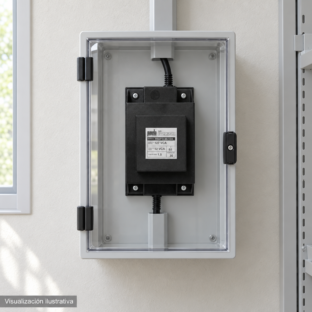 Visualización ilustrativa. Ejemplo de ubicación instalada TRAFO-30-12A en un área de servicio. Gabinete auxiliar, canaletas y soportes son elementos contextuales. No representa todos los componentes de una instalación ni amplía los accesorios incluidos.