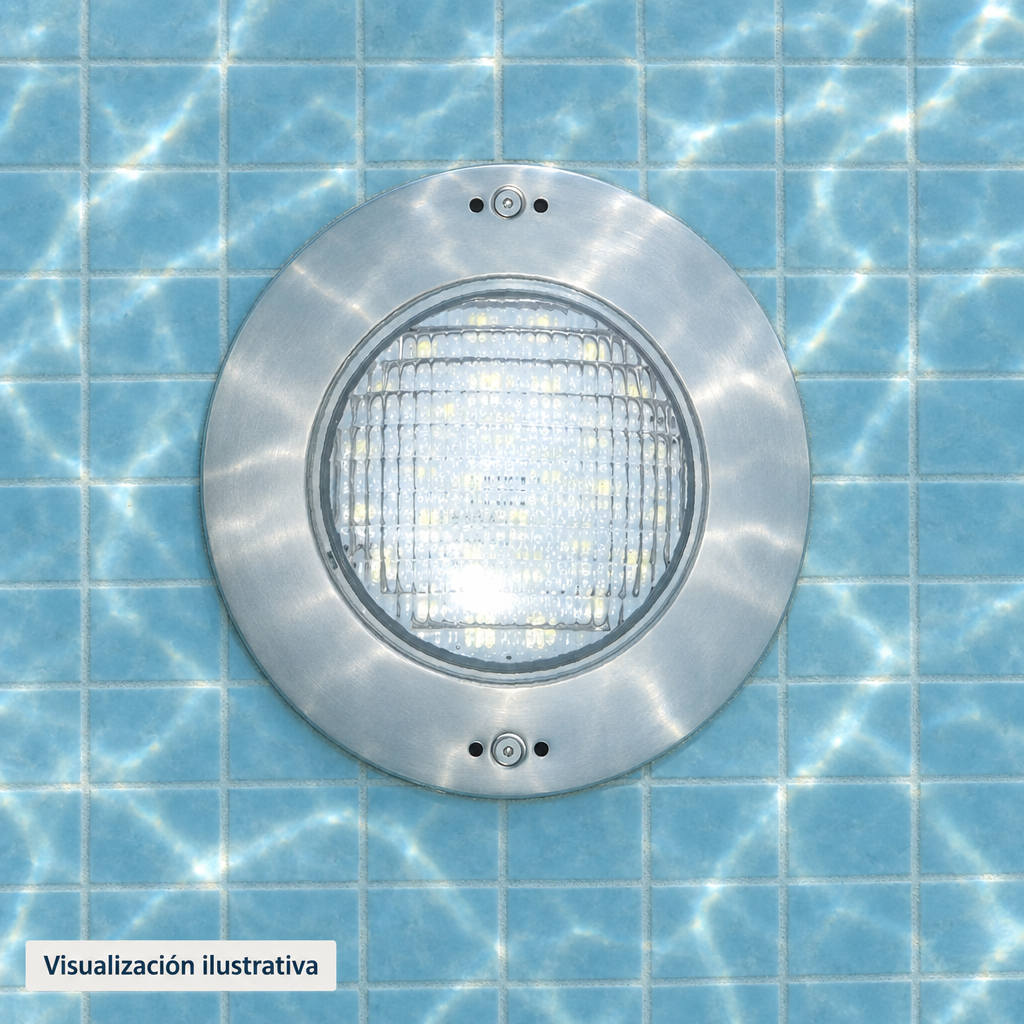 Visualización ilustrativa. Detalle frontal de la lámpara bajo el agua en una piscina terminada; revestimiento y ambiente mostrados como ejemplo.