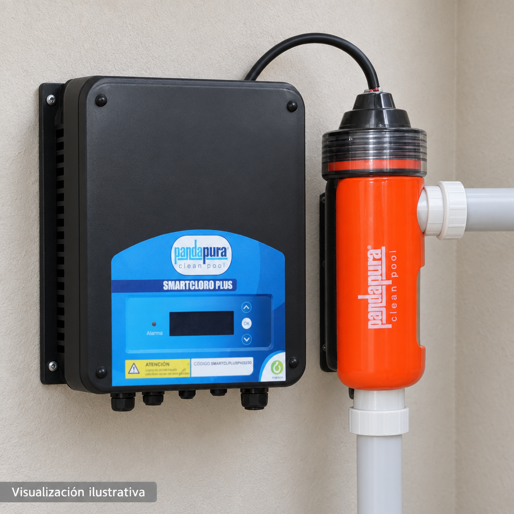 Visualización ilustrativa. Vista cercana del equipo montado SMARTCLPLUSPH35230 en un área de servicio. Tuberías, adaptadores y soportes se muestran como contexto. No representa todos los componentes de una instalación ni amplía los accesorios incluidos.