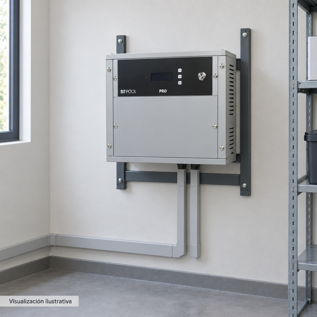 Visualización ilustrativa. Ejemplo de ubicación instalada SMARTCLPLUS200230 en un área de servicio. La imagen muestra el exterior del gabinete de control; célula y circuito hidráulico quedan fuera del encuadre. No representa todos los componentes de una instalación ni amplía los accesorios incluidos.