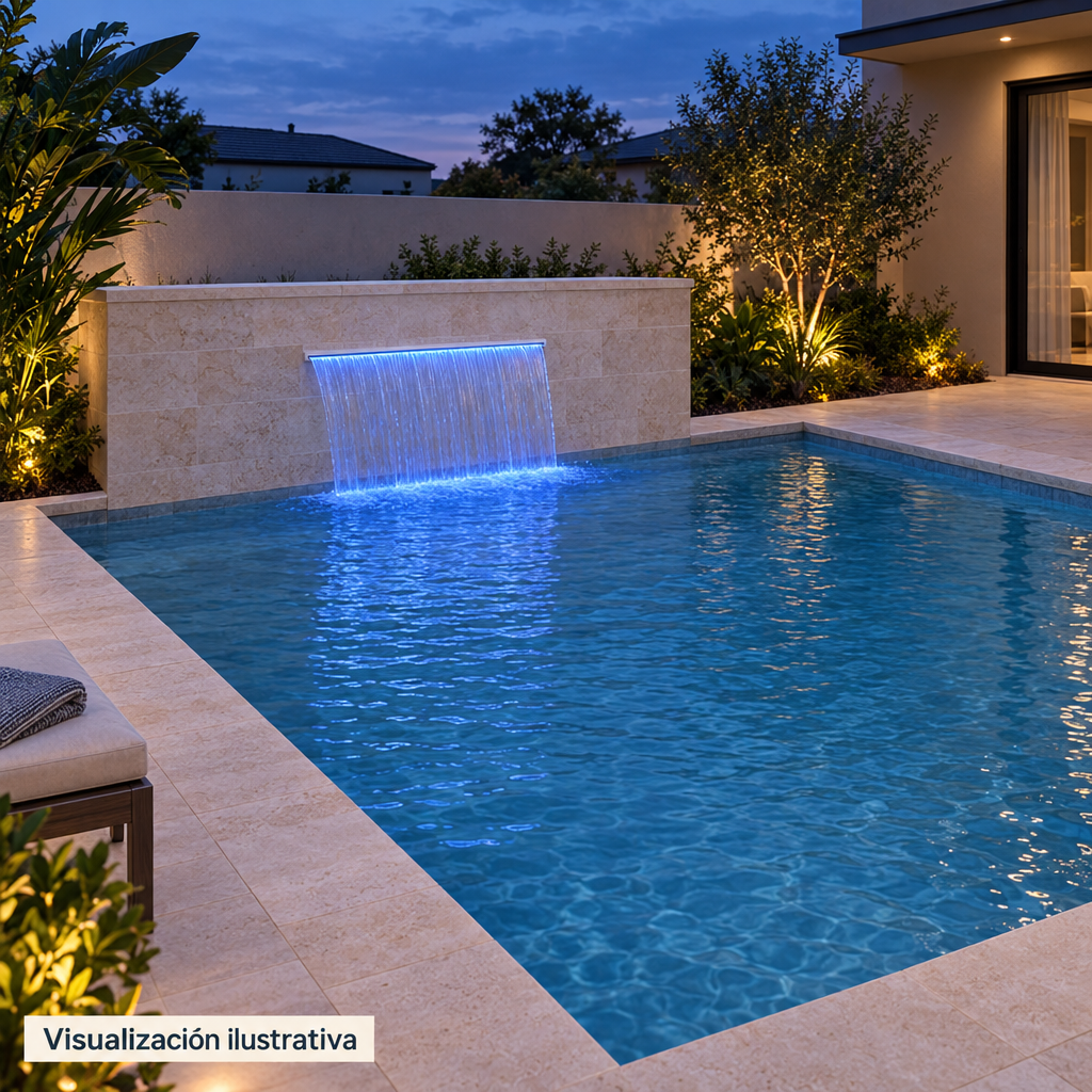 Visualización ilustrativa. Vista general de una cascada empotrada en el muro de una piscina; arquitectura, agua y ambiente mostrados como ejemplo de uso.