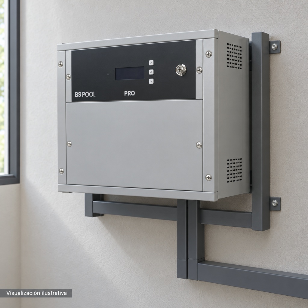 Visualización ilustrativa. Vista cercana del equipo montado SMARTCLPLUS200230 en un área de servicio. La imagen muestra el exterior del gabinete de control; célula y circuito hidráulico quedan fuera del encuadre. No representa todos los componentes de una instalación ni amplía los accesorios incluidos.