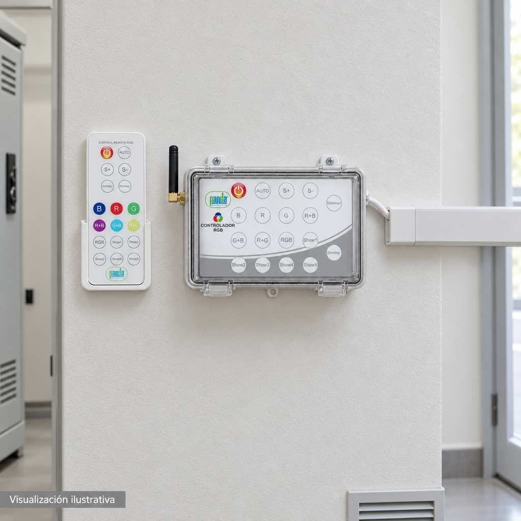 Visualización ilustrativa. Ejemplo de ubicación instalada CTRL-300-12A en un área de servicio. Gabinete auxiliar, canaletas y soportes son elementos contextuales. No representa todos los componentes de una instalación ni amplía los accesorios incluidos.