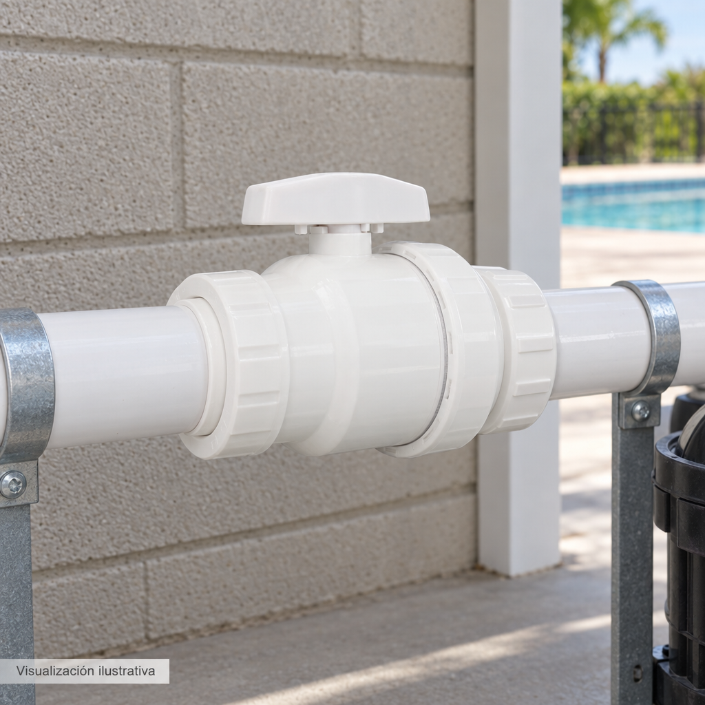 Visualización ilustrativa. Ejemplo contextual de la válvula PA-VB-2PVCR instalada en tubería para piscina. Tuberías, adaptadores y soportes se muestran como contexto; no implica que estén incluidos.