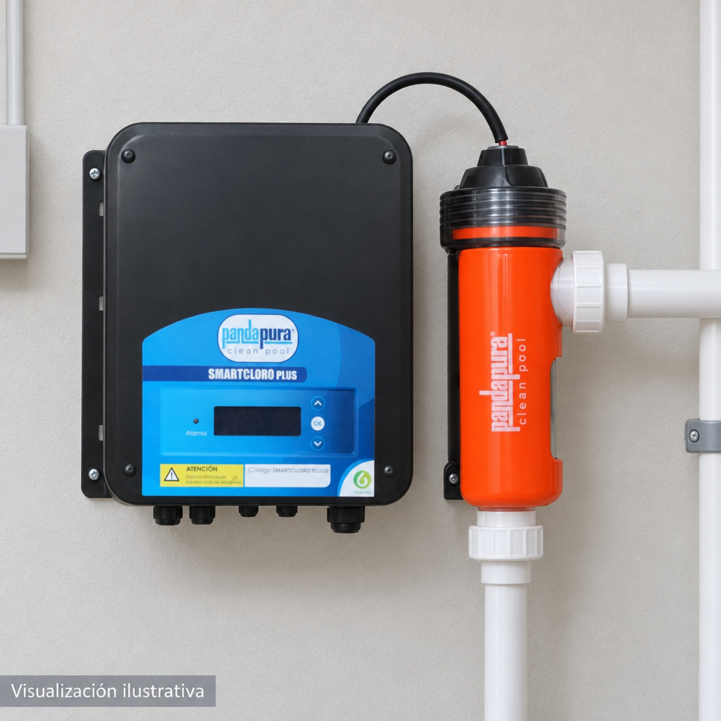 Visualización ilustrativa. Ejemplo de ubicación instalada SMARTCLPLUSPH35230 en un área de servicio. Tuberías, adaptadores y soportes se muestran como contexto. No representa todos los componentes de una instalación ni amplía los accesorios incluidos.